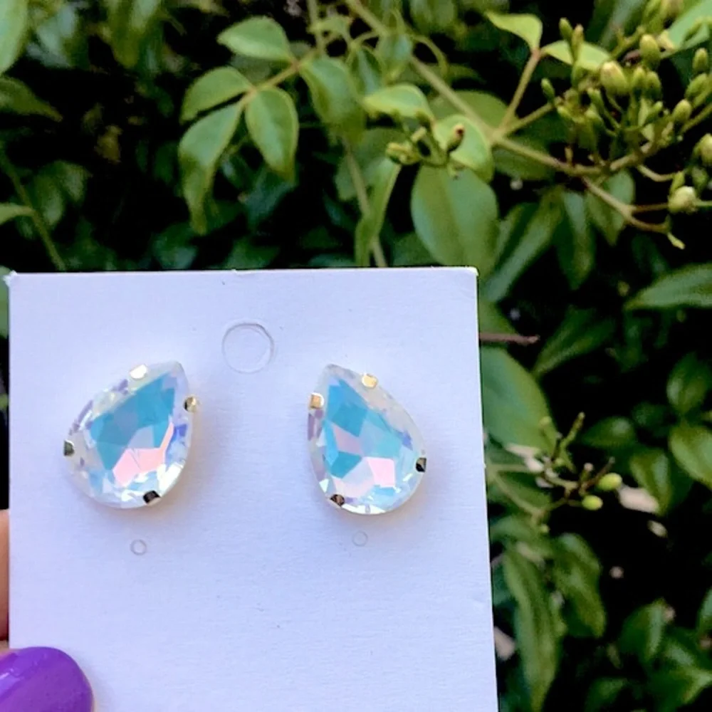 White Iridescent Opal AB Pear Crystal Earrings
